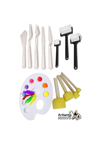 Artlantis Palet Rulo Fırça Ponpon Fırça Ve Plastik Spatula 4'lü Set 1 Paket Resim Hobi Sanat Etkinlik Resim Paleti