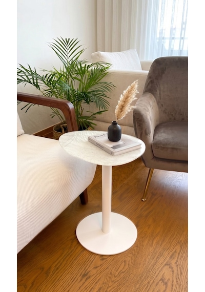 Traverten Mermer Desenli Modern 40x30 Cm Zigon Yan Sehpa 6 Mm Temper Cam