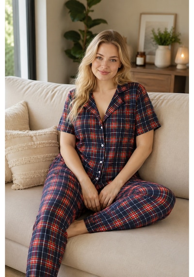 Rindahomewear Büyük Beden Ekose Desen Milan Düğmeli Pijama Takımı Lacivert