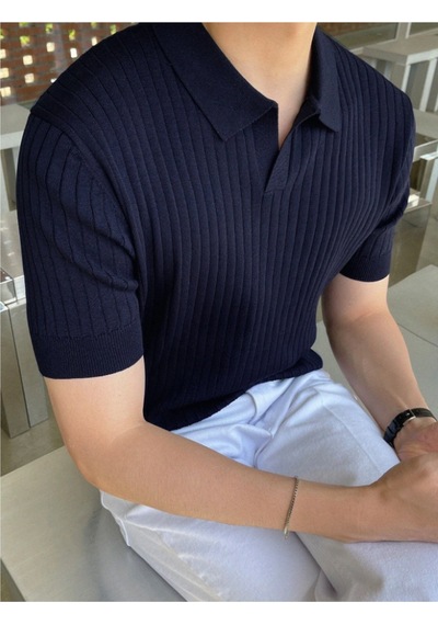 Erkek Fitilli Polo Yaka Triko T-shirt Gri