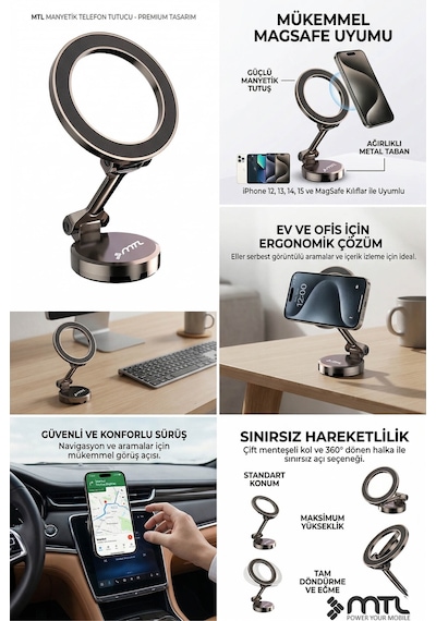Katlanabilir Magsafe Uyumlu 360 Döner Çok Açılı Metal Telefon Standı Ve Araç İçi Telefon Tutucu Gri