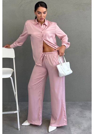 Madmext Pembe Saten Gömlek Pantolon Takım Mg2745