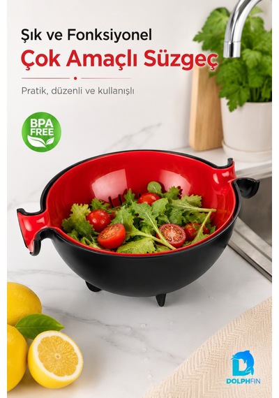 Çok Amaçlı Süzgeç Ve Badya Seti 30x25x13 Cm Sebze Meyve Makarna Süzme Kabı Bpa İçermez Kırmızı - Siyah