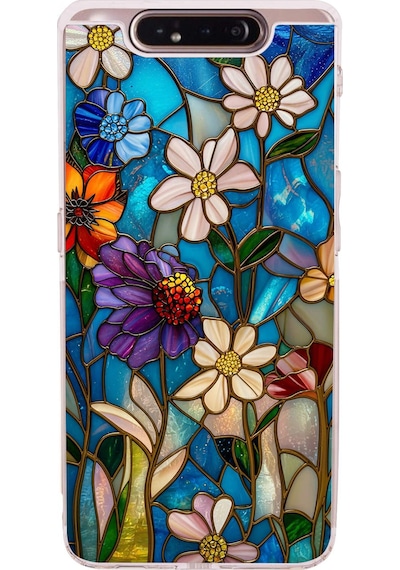 Printify Samsung Galaxy A80 İle Uyumlu Vitray Mavi Bahar Tasarımlı Şeffaf Silikon Kılıf Şeffaf