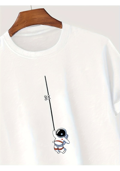 Unisex Mini Astranot Tasarım Basklı Tshirt Beyaz