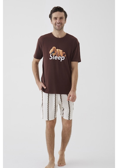 Erkek Kısa Kollu Pamuklu Ayıcık Desenli Şortlu Pijama Takımı Ke30308 Ekru