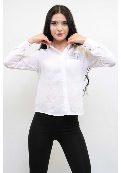 Sevgi Butik Moda Çizgi Taşlı Keten Gömlek Mc2301 Beyaz 001