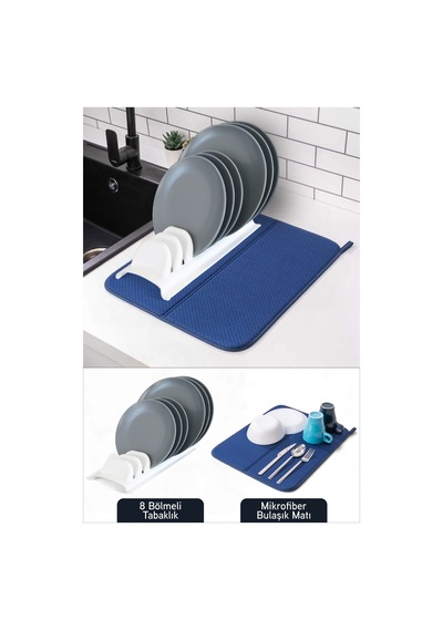 Mikrofiber Bulaşık Kurutma Matı Ve 8 Bölmeli Tabaklık Bulaşıklık Set Plastik Beyaz Diğer