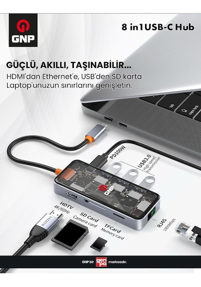Gnp 8in1 Usb Type-c Hub Port Adaptör Hdmı 4k Usb Ethernet Pd Girişli Apple Uyumlu MacBook 2 Yıl