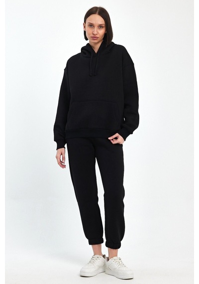 Odda Kadın Kapüşonlu Şardonlu Sweatshirt Siyah