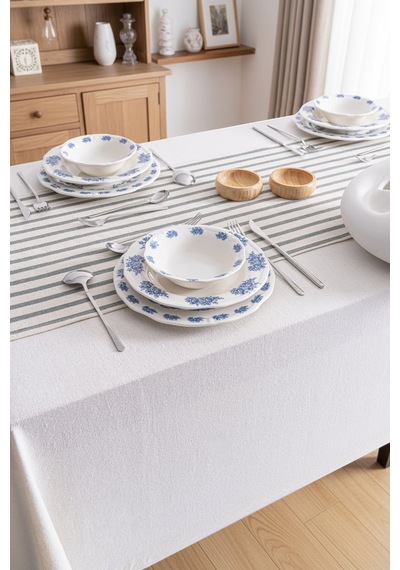 Yeşil Çizgili Keten Runner 40x140 Cm - Yumuşak Dokulu Yeşil
