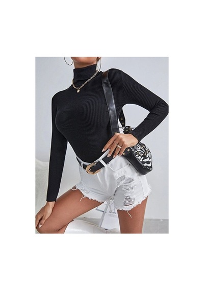 Hanclo Kadın Fitilli Balıkçı Yaka Slim Fit Triko Kazak Siyah