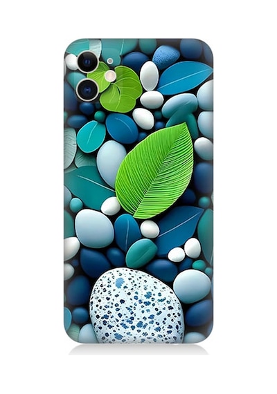 Apple Uyumlu  iPhone 11 Silikon Kılıf Mavi Turkuaz Taşlar Ve Yeşil Yaprak