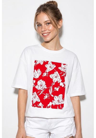 Shade Kadın Bisiklet Yaka Çiçek Baskılı Oversize %100 Pamuklu T-shirt Öt100001 60286273 - Beyaz-kırmızı Beyaz - Kırmızı