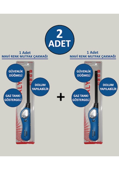 2 Adet Mavi Doldurulabilir Mutfak Çakmağı Ocak Kamp İçin Uzun Mangal Çakmak