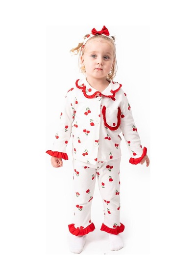 Bebegen Kız Çocuk Ekru Kırmızı Lale Desenli Fırfırlı Bandanalı Pijama Takımı Çok Renkli