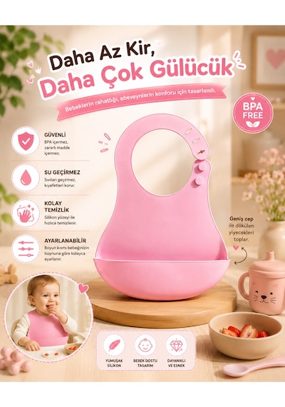 Silikon Mama Önlüğü Su Geçirmez Ayarlanabilir Bebek Önlüğü Bpa İçermeyen Geniş Cepli Beslenme Önlüğü Pembe