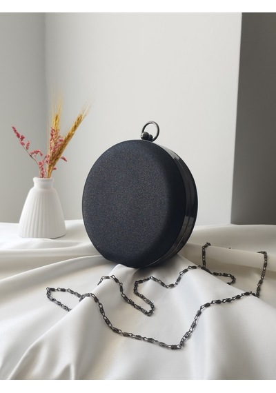 Vivazzaluxe Modern Yuvarlak Model Simli Düğün Nişan Gelin Kadın Abiye Clutch Çanta Siyah