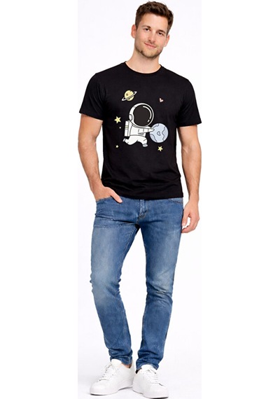 Sevgili Kombini Astronot Baskılı Çift Tişört Oversize Unisex Partner Tişört 2 Li Set Siyah