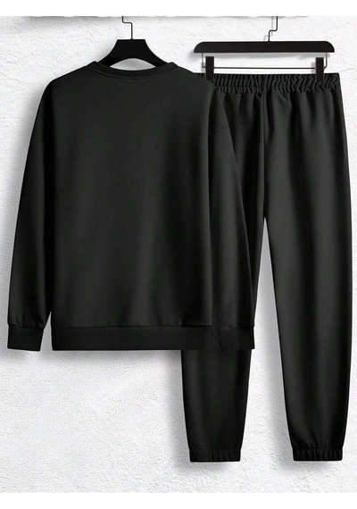 Erkek Düz Eşofman Takımı Sweatshirt Jogger - Siyah Oversize Şardonlu Bisiklet Yaka Siyah