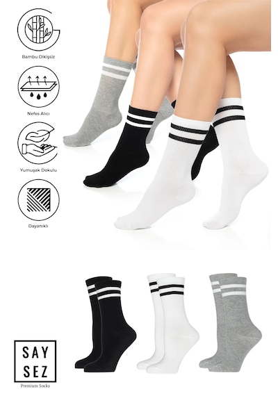 Saysez Bambu Unisex Tenis Kolej Çizgili Siyah-beyaz-gri Dikişsiz Çorap 3