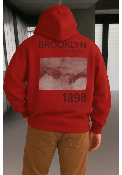 Benroma 3 İplik Penye Brooklyn Baskılı Sweatshırt Kırmızı