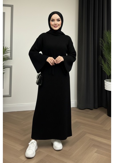 Defymoda Kadın Siyah Ribanalı / Fitilli Uzun Tesettürlü Kışlık Elbise - Çan Kol Detaylı Astarlı/örme Siyah
