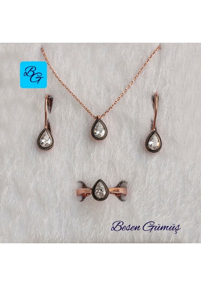 Elmas Montürlü Damla Tek Taşlı Set Rose Gold - Gümüş