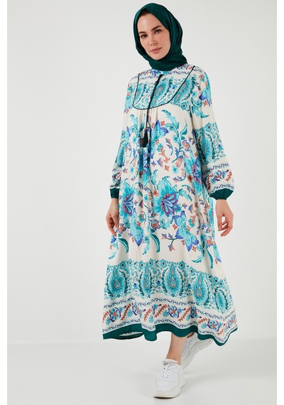Lela Modest Desenli Regular Fit Bağlamalı V Yaka Maxi Bayan Elbise 611El510 Yeşil