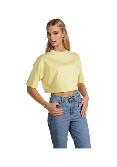 Sarı Bisiklet Yaka Rahat Kalıp Yarasa Kol Pike Kadın Crop T-shirt Sarı