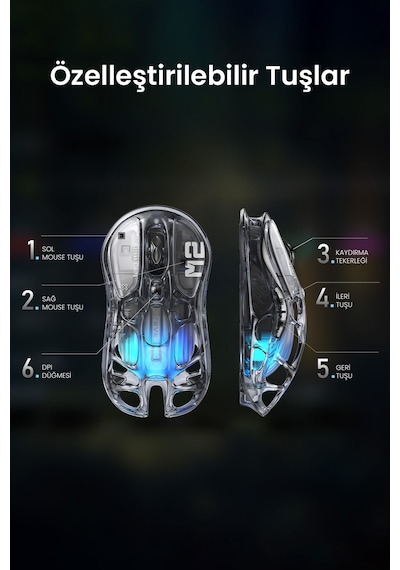 Gravastar Mercury M2 Rgb 26k Dpı Optik Gaming Mouse, Kablosuz, Programlanabilir 5 Tuşlu, Şeffaf Siya Mercury M2
