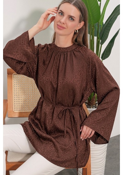 Bigdart Kadın Çizgili Bağcıklı Oversize Tunik 50009 - Kahverengi