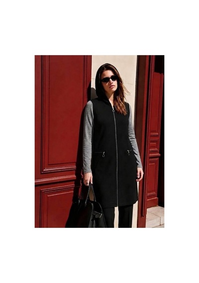 Onno Style Women Kapüşonlu Çelik Örgü Uzun Triko Kadın Yelek Siyah