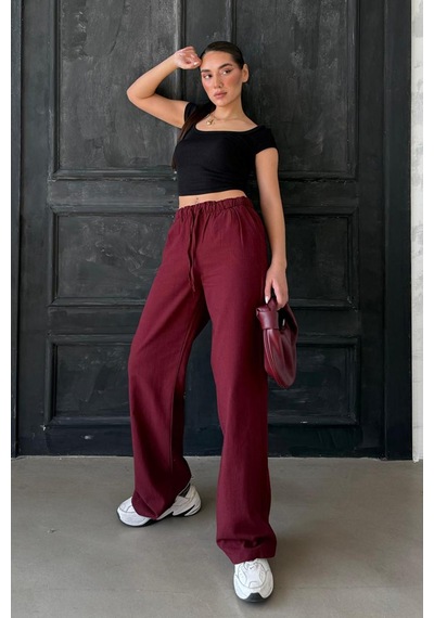 Madmext Bordo Beli Büzgülü Wide Leg Kumaş Pantolon Mg1950 Bordo