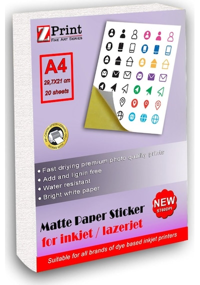 Inkjet Ve Lazer Tüm Yazıcılarla Uyumlu Mat Yapışkanlı Sticker Etiket Kağıt A4 20 Yaprak