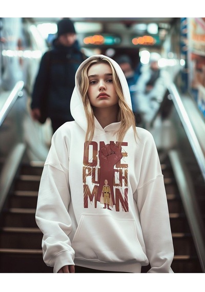 Sevbano Saitama Anime Karakter Baskılı Unisex Hoodie, Oversize One Punch Beyaz
