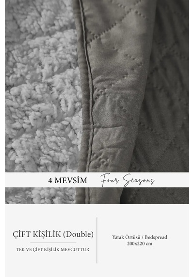 Premium Peluş Çift Kişilik Çok Amaçlı Yatak Örtüsü 200x220 Çift Taraflı Battaniye Pike Gri / Vizon
