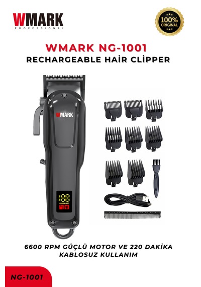 Wmark Ng-1001 Şarjlı Saç Kesme Makinesi Siyah Led Ekran, Uzun Süreli Kullanım, Berber Tipi Clipper 3-4 Saat
