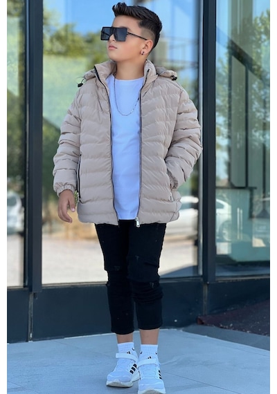 Pina Kids Erkek Çocuk Çıkarılabilir Kapüşonlu Sık Dikişli Nova Kumaş Kışlık Şişme Mont Km4016 Bej