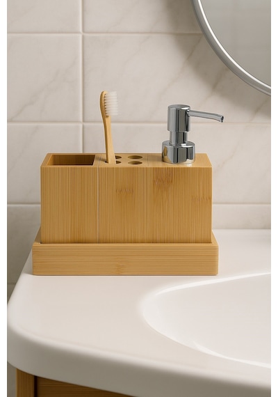 Doğal Bambu 3 Lü Banyo Seti Sıvı Sabunluk, Diş Fırçalık Ve Organizer Stand Br-6710 Ahşap