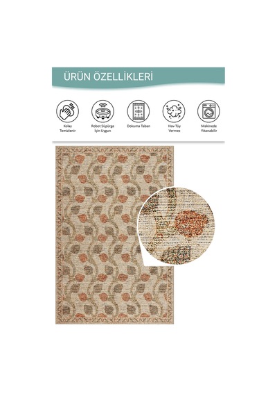 Artloop Nora Bej / Turuncu Vintage Dokulu Nar Desenli Dokuma Tabanlı Şönil Halı Al 486 Bej - Turuncu