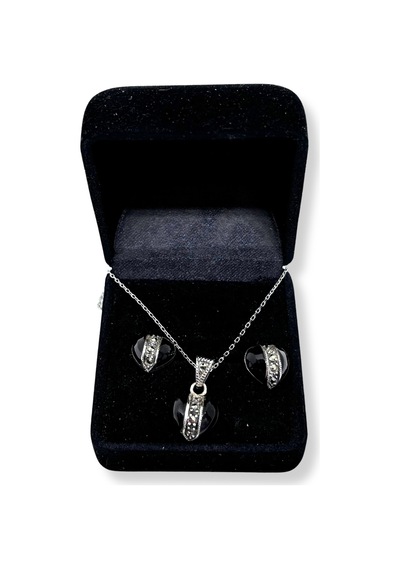 Oya Silver Oniks Kalp Üzeri Markazit Işıltılı Gümüş Set&takım