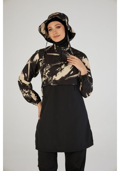 Estiva 26973 Siyah Brushstroke Tam Kapalı Croplu Şapkalı Pantolonlu Tesettür Mayo