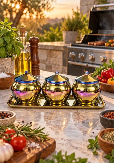 Paslanmaz Çelik 3'lü Baharatlık Seti 400 Ml Tepsili Çok Renkli / İridesan