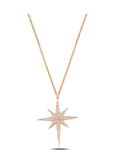 Çekirdekjewelry 925 Ayar Gümüş Sarı Altın Kaplama Yıldız Kolye Zirkon Taşlı Parlak Kuzey Yıldızı Kolye Pembe