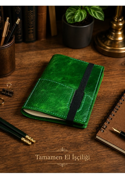 Bilikolik Hakiki Deri A5 Defter Kılıfı, El Yapımı, Telefon Cepli Ajanda Organizer, Defter Ve Kalem Dahil Yeşil