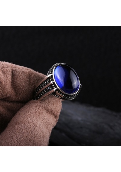 925 Ayar Gümüş Mavi Oval Taşlı Erkek Yüzük Silver