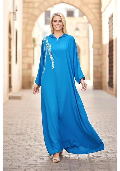 Veraura Lifestyle Mavi Kapüşonlu Nakışlı Cepli Oversize Uzun Elbise