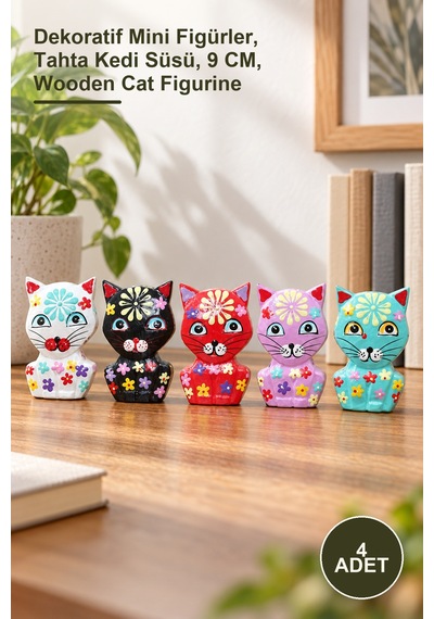 4 Adet Ahşap Kedi Figür Seti Dekoratif Mini Figürler, Tahta Kedi Süsü, 9 Cm, Wooden Cat Figurine