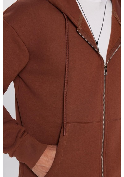 Tudors Unisex Relax Fit Rahat Kesim Pamuklu İçi Polarlı Çift Cepli Fermuarlı Kahverengi Kapüşonlu Sweatshirt-32719